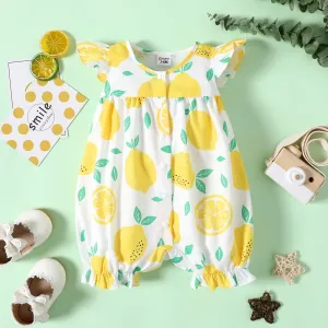 Baby Girl 100% Cotton Gingham or Allover Lemon Print Flutter-sleeve Romper