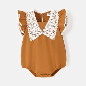 Baby Girl 100% Cotton Lace Collar Flutter-sleeve Romper