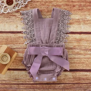 Baby Girl 95% Cotton Crepe Lace and Bowknot Decor Sleeveless Romper #783426