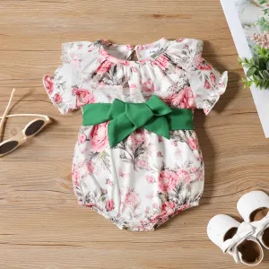 Baby Girl Allover Floral Print Bow Decor Belted Ruffle Romper #1042485