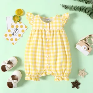 Baby Girl Allover Yellow Plaid/Lemon Print Flutter-sleeve Snap Romper