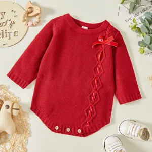 Baby Girl Bowknot Long-sleeve Knitting Sweater Romper #977574