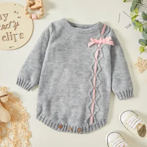 Baby Girl Bowknot Long-sleeve Knitting Sweater Romper #977575
