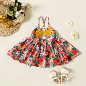 Baby Girl Contrast Bow Decor Allover Floral Print Cut Out Cami Dress #872063