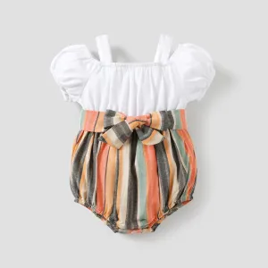 Baby Girl Cotton Cold Shoulder Puff-sleeve Spliced Striped Belted Romper