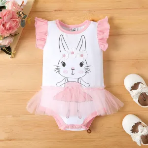 Baby Girl Floral Decor Rabbit Graphic Flutter-sleeve Mesh Bodysuit Dress #1035802