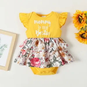 Baby Girl Letter & Floral Print Flutter-sleeve Bodysuit Dress #1042065