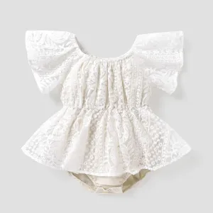 Baby Girl Solid Lace Flutter-sleeve Romper #884140