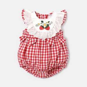 Baby Girl Strawberry Embroidered Ruffled Flutter-sleeve Gingham Romper