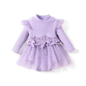 Baby Girl Sweet 3D Hyper-Tactile Lace Ribbed Romper #1192281