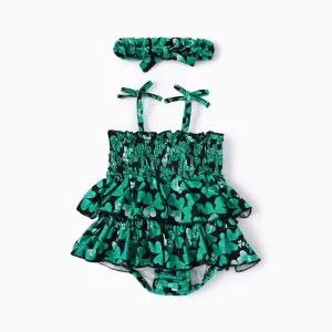2pcs Baby Girl St. Patrick's Day Green Clover Print Ruffled Romper with Headband #1329250