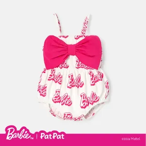 Barbie Baby Girls 1pc 95% Cotton Allover Letter Print Bow Front Cami Romper