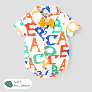Naiaâ¢ Baby Boy Allover Colorful Letter Print Bow Tie Decor Short-sleeve Shirt Romper #854098