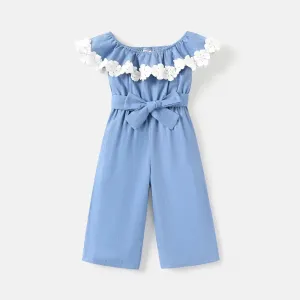 Toddler Girl 100% Cotton Floral Design Flounce Denim Sleeveless Belted Jumpsuits #807724