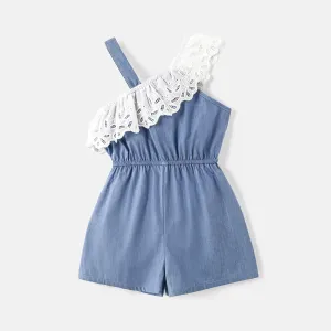Toddler Girl 100% Cotton Lace Flounce Sleeveless Denim Rompers Jumpsuits #775880