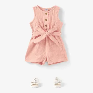 Toddler Girl 100% Cotton Solid Color Button Design Sleeveless Belted Romper Jumpsuit Shorts #1227211