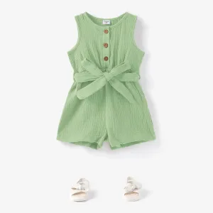 Toddler Girl 100% Cotton Solid Color Button Design Sleeveless Belted Romper Jumpsuit Shorts #1227216