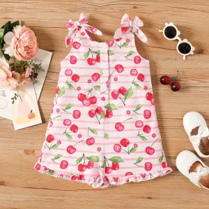 Toddler Girl Cherry Print Striped Button Bowknot Design Sleeveless Rompers #860506