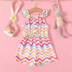 Toddler Girl Chevron Stripes Button Design Sleeveless Rompers #862091