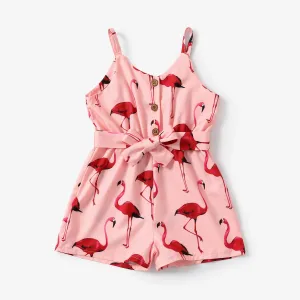 Toddler Girl Flamingo Print Button Design Belted Cami Romper Jumpsuit Shorts #800648