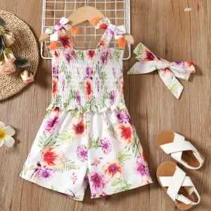 Toddler Girl Floral Pattern Ruffled Cross Straps Jumpsuit and Headband Set