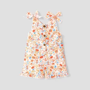 Toddler Girl Floral Print/Stripe/Orange Button Design Ruffled Cuff Bowknot Strap Romper Jumpsuit Shorts #825262