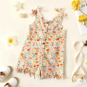 Toddler Girl Floral Print/Stripe/Orange Button Design Ruffled Cuff Bowknot Strap Romper Jumpsuit Shorts #825263