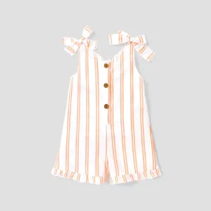 Toddler Girl Floral Print/Stripe/Orange Button Design Ruffled Cuff Bowknot Strap Romper Jumpsuit Shorts #825267