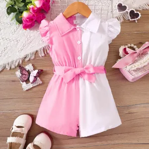Toddler Girl Front Buttons Ruffle Lapel Collar Belted Romper #1046734