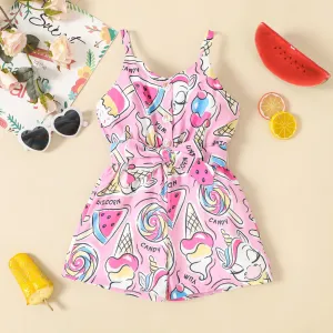 Toddler Girl Ice Cream & Candy Print Belted Slip Romper #1037506