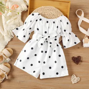 Toddler Girl Polka dots Bell sleeves Belted Romper Jumpsuit Shorts #232993