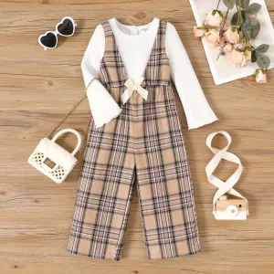 Toddler Girl Ribbed Plaid Bow Decor Long-sleeve Jumpsuit #1052209