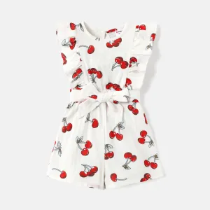 Toddler Girl 100% Cotton Ruffled Cherry Print Sleeveless Belted Rompers #793153