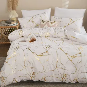 3 Piece Bronzing Marble Duvet Cover Set Soft Comforter Cover 1 Duvet Cover & 2 Pillowcases Gold Foil Print Glitter Bedding Set #222930
