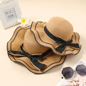 Big Bow Decor Wavy Edge Two Tone Straw Hat for Mom and Me #199612
