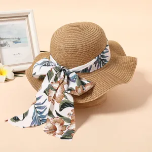Floral Pattern Bow Decor Ruffled Straw Hat for Mom and Me #201727