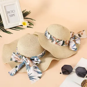 Floral Pattern Bow Decor Ruffled Straw Hat for Mom and Me #203089