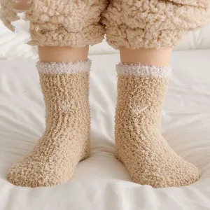 Winter warm solid coral fleece socks for parents and kids #1205689