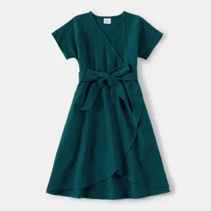 100% Cotton Family Matching Short-sleeve Belted Wrap Dresses and Color Block T-shirts Sets #1041307