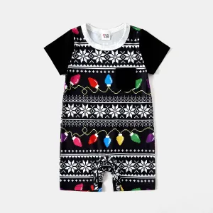 Christmas Family Matching Allover String Lights & Snowflake Print Black Twist Knot Bodycon Dresses and Short-sleeve T-shirts Sets #807048