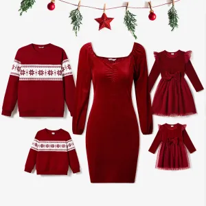 Christmas Family Matching Long Sleeve Color-block Tops & Velvet Dresses Sets #1193206