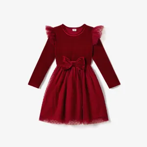 Christmas Family Matching Long Sleeve Color-block Tops & Velvet Dresses Sets #1193212