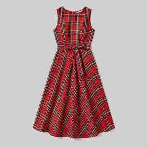 Christmas Family Matching Plaid Tops and Sleeveless Belted Dresses Sets #1168380