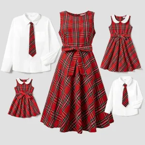 Christmas Family Matching Plaid Tops and Sleeveless Belted Dresses Sets #1168387