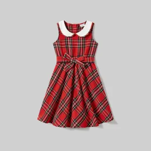 Christmas Family Matching Plaid Tops and Sleeveless Belted Dresses Sets #1168391