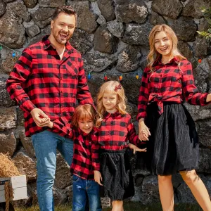 Christmas Family Matching Red Plaid Long-sleeve Button Up Shirts and Mesh Skirts Sets #997010