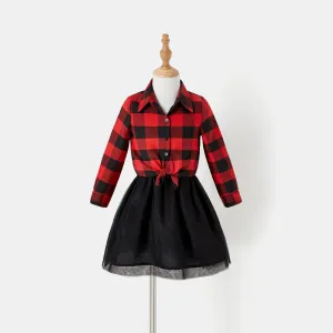 Christmas Family Matching Red Plaid Long-sleeve Button Up Shirts and Mesh Skirts Sets #997014