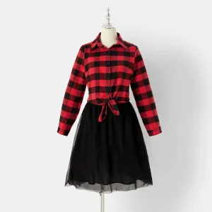 Christmas Family Matching Red Plaid Long-sleeve Button Up Shirts and Mesh Skirts Sets #997016
