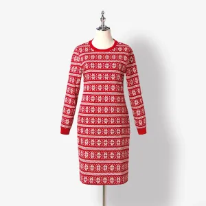 Christmas Family Matching Snowflake Print Cotton Long Sleeve Knit Tops and Dresses Sets #1193310