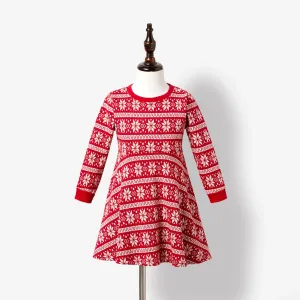 Christmas Family Matching Snowflake Print Cotton Long Sleeve Knit Tops and Dresses Sets #1193317